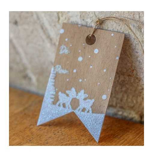 Étiquette en kraft et paillettes blanches décor faons.