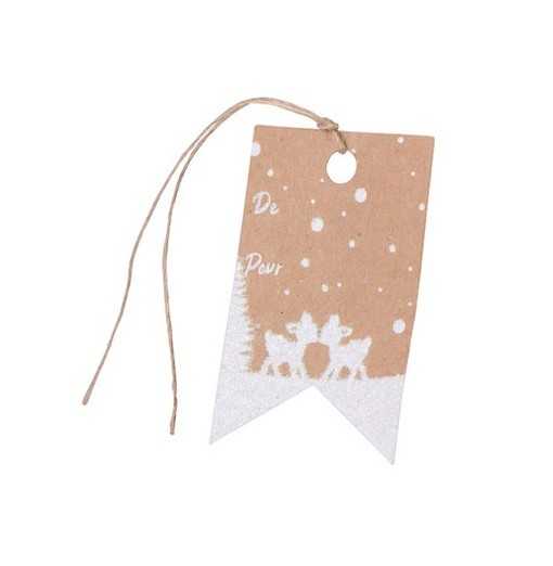 Étiquette pour cadeaux de noël avec un décor faons en paillettes sur support kraft.
