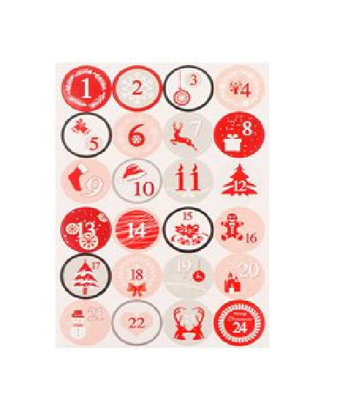Stickers chiffres pour calendrier de l'Avent dans les tons rouge et gris.