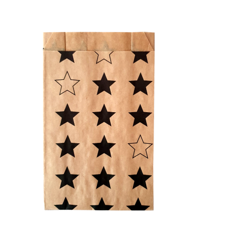 Sachet kraft brun décoré avec des motifs d'étoiles noires 12 x 17 cm