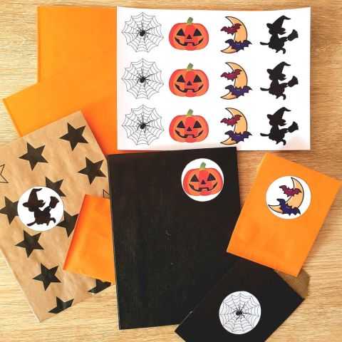 Stickers Halloween avec sachets kraft noir et orange