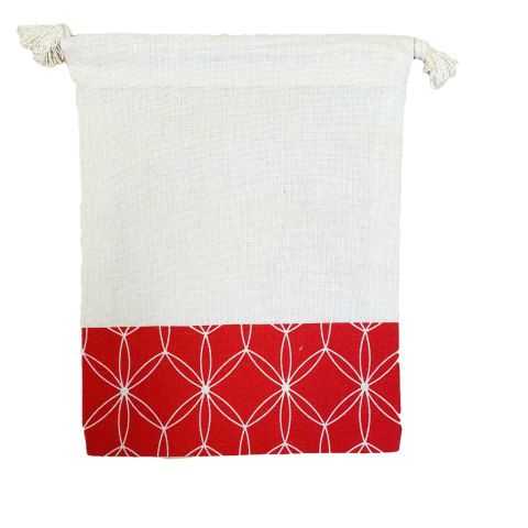 petit sac en coton écru et rouge avec liens de serrage