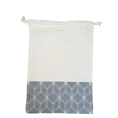 Sac en tissu écru avec décor gris avec lien de serrage 20 x 30 cm
