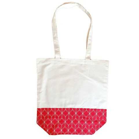 Grand sac en tissu écru, décor rouge avec fond et anses
