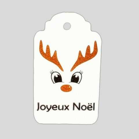 Étiquette blanche inscription Joyeux Noël décor rennes 1