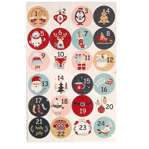 Stickers pour calendrier de l' Avent dans les tons bleus, rouge et rose
