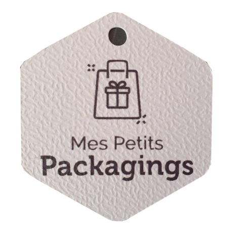 Grande étiquette hexagonale sur papier blanc personnalisée avec le logo de Mes Petits Packagings.