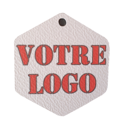 Étiquette personnalisée avec votre logo, forme hexagonale sur papier blanc.
