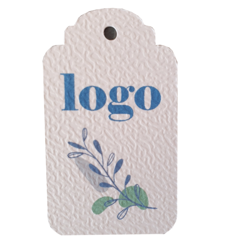 Étiquette rectangulaire sur papier blanc personnalisée avec un logo.
