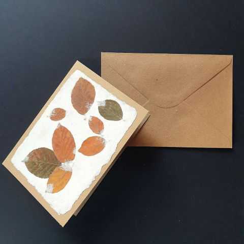 Double carte kraft et son enveloppe, composition avec feuilles de hêtre, couleur d'automne.