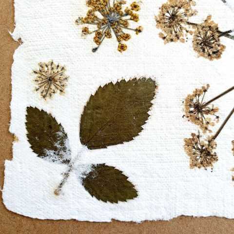 Détail de l'inclusion de ronce dans le papier artisanal pour carte kraft originale.