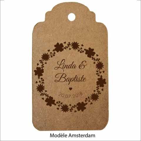 Personnalisation du modèle Amsterdam avec prénoms et date pour cette étiquette en kraft.