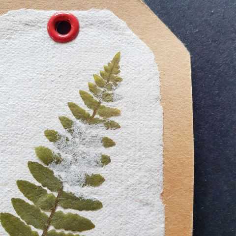 Fougère en inclusion dans du papier artisanal, composition originale.