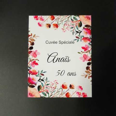 Etiquette adhésive pour bouteille de vin texte personnalisable décor fleurs rouges