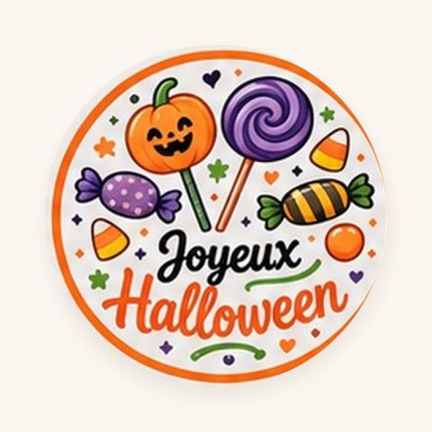 Sticker rond Joyeux Halloween, motif bonbons et sucettes