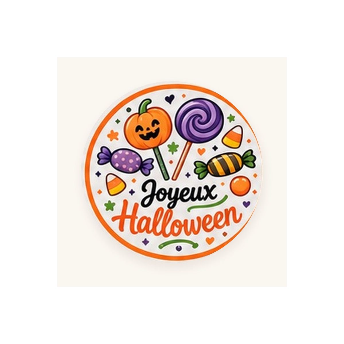 Sticker rond Joyeux Halloween, motif bonbons et sucettes
