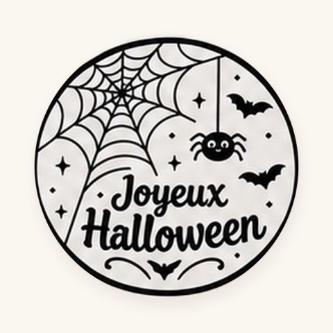 Sticker rond Joyeux Halloween, motif toile d'araignée en noir et blanc