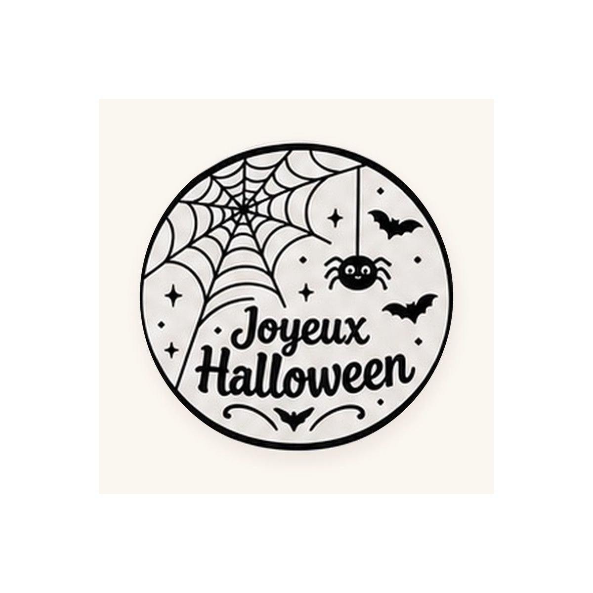 Sticker rond Joyeux Halloween, motif toile d'araignée en noir et blanc Sticker rond Joyeux Halloween, motif toile d'araignée en noir et blanc