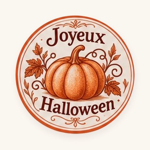 Sticker rond Joyeux Halloween, motif citrouille et feuilles d'automne