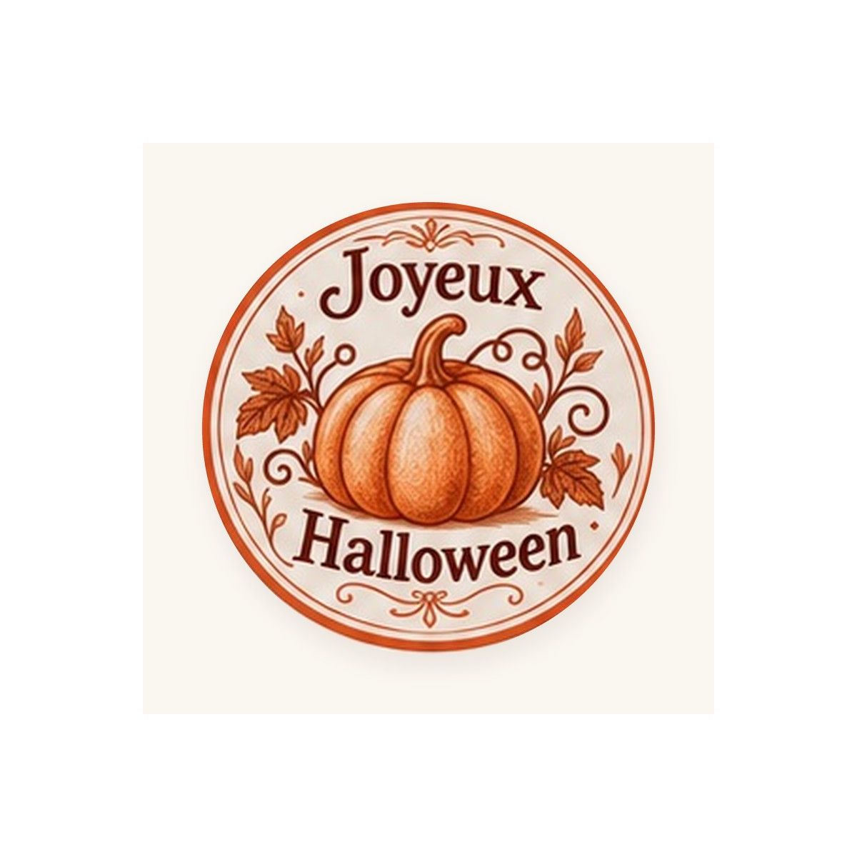Sticker rond Joyeux Halloween, motif citrouille et feuilles d'automne Sticker rond Joyeux Halloween, motif citrouille et feuilles d'automne