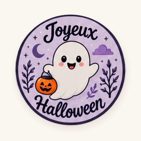 Sticker rond Joyeux Halloween, motif petit fantôme sur fond violet