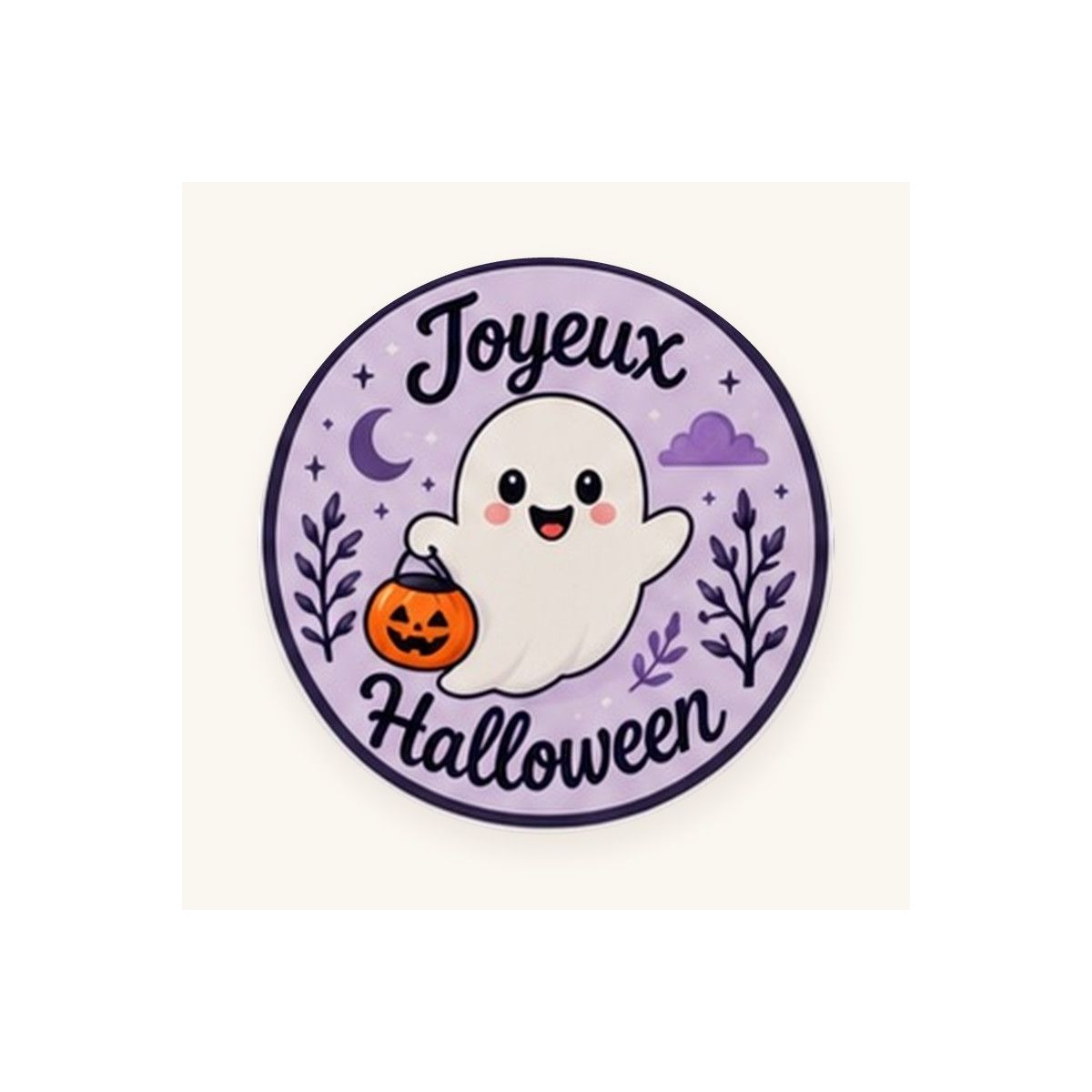 Sticker rond Joyeux Halloween, motif petit fantôme sur fond violet Sticker rond Joyeux Halloween, motif petit fantôme sur fond violet