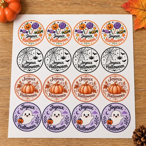Stickers ronds Joyeux Halloween, les quatre motifs : bonbons, toile d'araignée, citrouille, fantôme