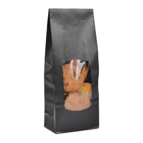 Sachet kraft noir à fenêtre 9 × 5 × 20,5 cm, fond plat
