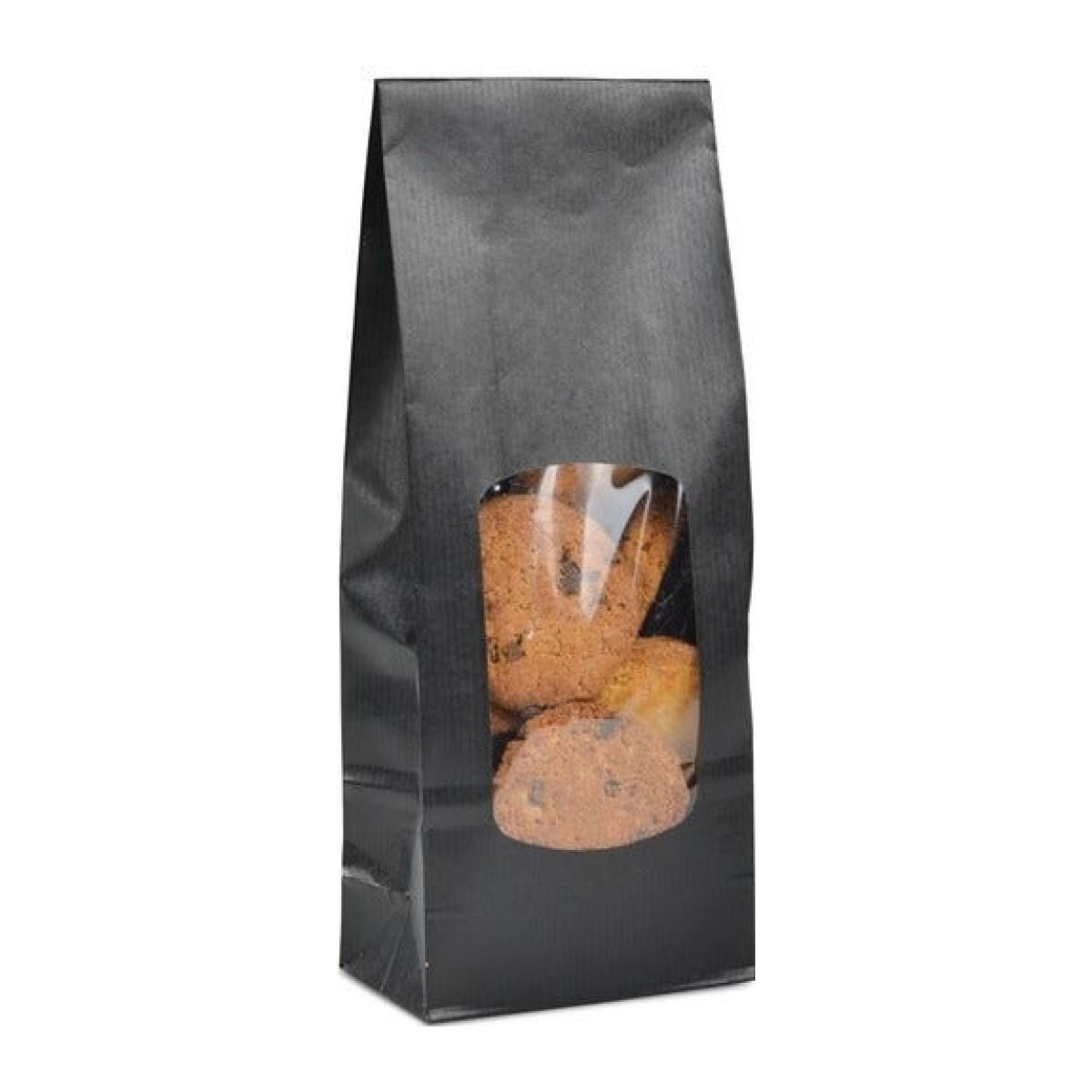 Sachet kraft noir à fenêtre 10 × 5,5 × 28,5 cm, fond plat